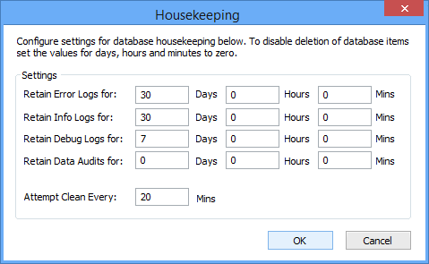 Picture showing the Houskeeping dialog box.